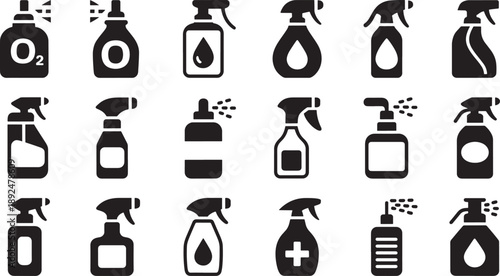 Various cleaning supply in black and white cleaning supplies spray bottles oxygen disinfectant