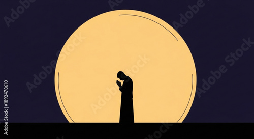 Silhouette of a person standing alone in contemplation against a large yellow moonlit night sky background with dark blue hues