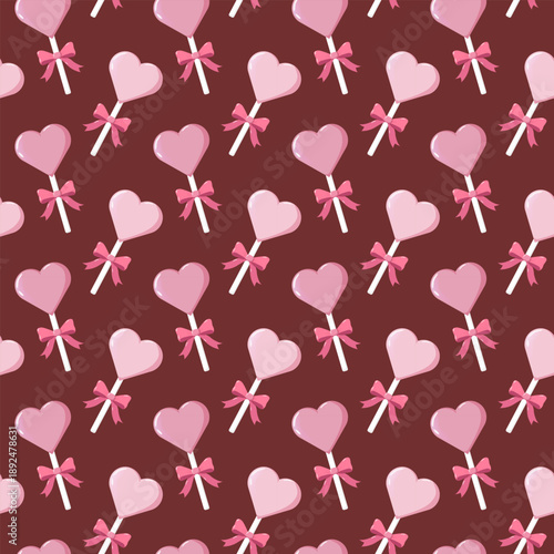 Seamless pattern of pink heart-shaped lollipops with bows on dark red background, perfect for Valentine s Day