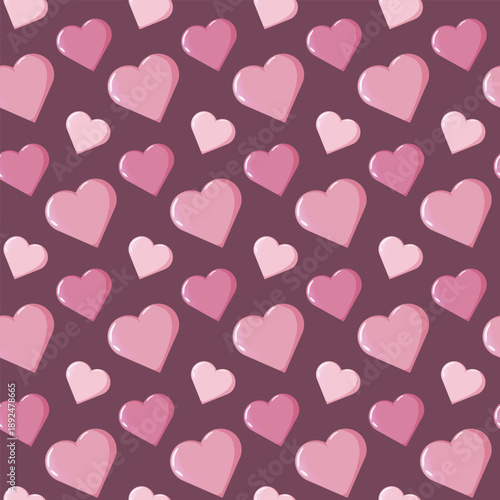 Seamless pattern of glossy pink and purple hearts on maroon background, perfect for Valentine s Day