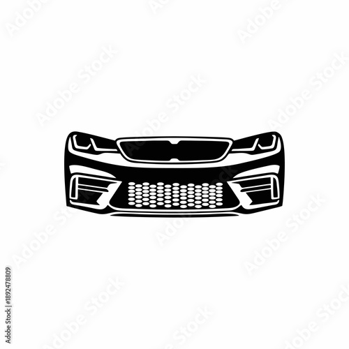 Modern car front view silhouette vector illustration, Automotive bumper and headlights grill design element