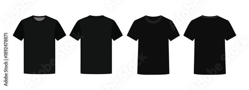 A set of black t-shirt illustrations presenting various neckline styles from both front and back. These are perfect for apparel mockups, showcasing designs, or clothing templates.
