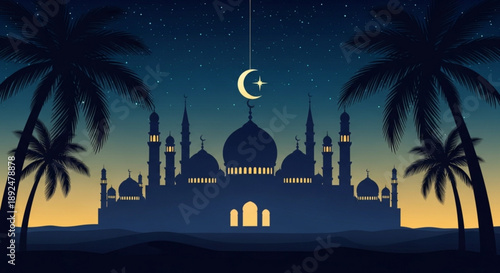 Silhouette of mosque with illuminated windows at dusk crescent moon hanging above palm trees on either side warm evening sky with stars