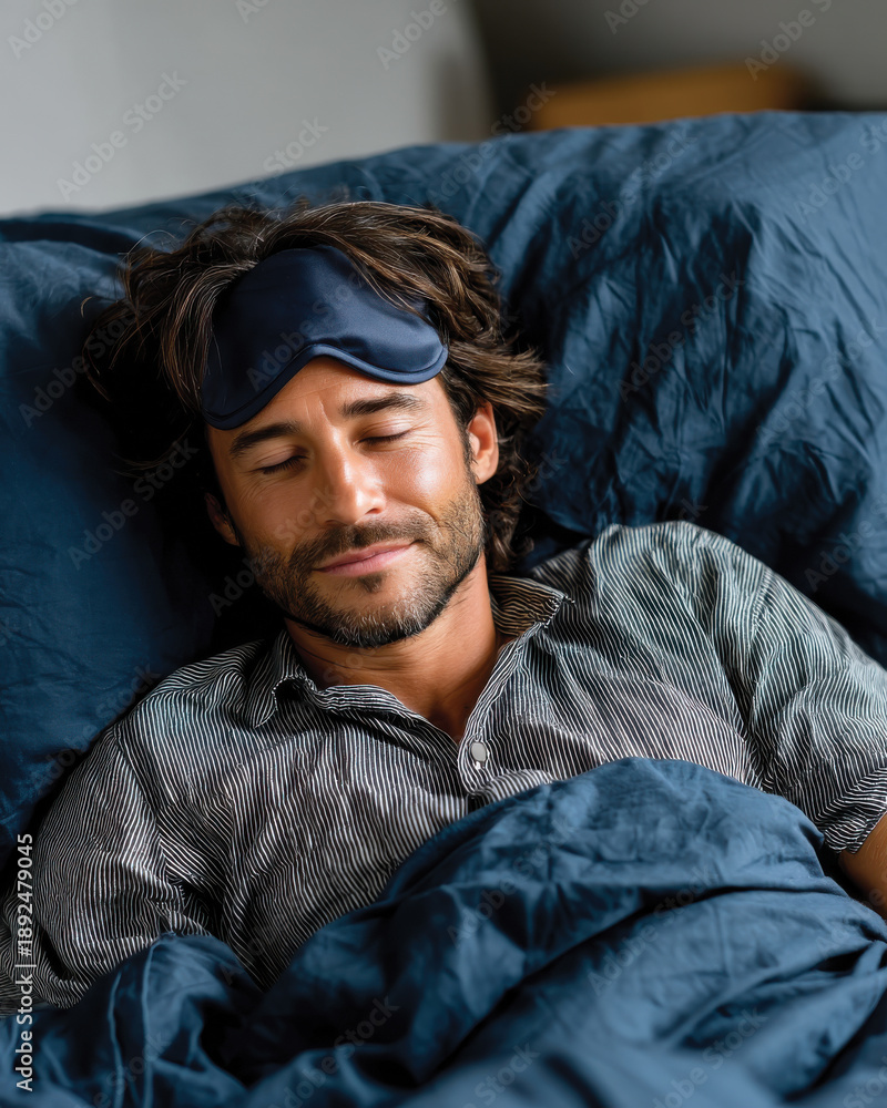Fototapeta premium A man in a fashionable room sleeps peacefully with a cozy eye mask, showcasing comfort and serenity in a contemporary living space filled with warm hues and soft textures.