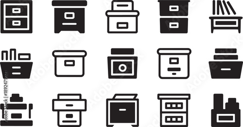 Various Filing Cabinet and Storage black white background office supplies