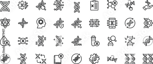 minimalist line icon set illustrating genetics and DNA concepts, designed with editable strokes for flexible use in scientific, educational, and medical