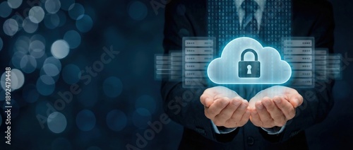 Man holding secure cloud computing icon with padlock and binary code, representing data protection, cybersecurity, and digital storage solutions Concept of safe online access and IT security