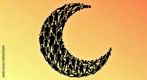 Crescent moon shape filled with silhouettes of people on warm yellow orange gradient background