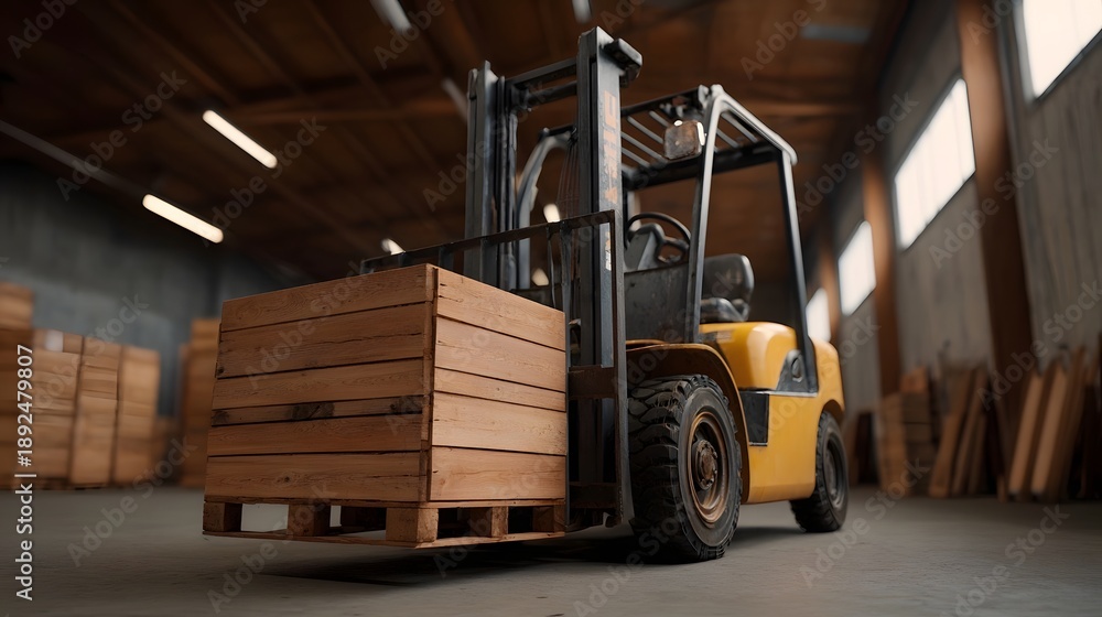 Naklejka premium A yellow forklift lifts a wooden pallet stacked with crates inside a spacious industrial warehouse illustrating material handling and logistics