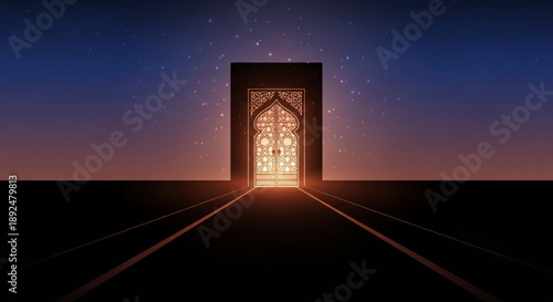 Glowing ornate door in a dark landscape at sunset with starry night sky