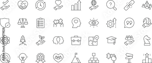 Core Values outline icon set. Containing innovation, goals, responsibility, reliability, integrity, commitment, quality, teamwork, inclusion, and more. Editable stroke. Vector