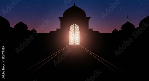 Silhouette of a mosque with a brightly lit entrance at dusk or dawn showcasing domes and a crescent moon against a gradient sky