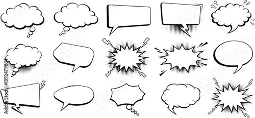Comic Speech Bubble Icon Set Featuring Thought Clouds, Dialogue Balloons, Explosion Shapes, and Hand Drawn Communication Symbols for Creative Design