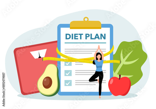 Diet plan with healthy foods. featuring fruits and vegetables. improving health and nutrition with checklist on clipboard