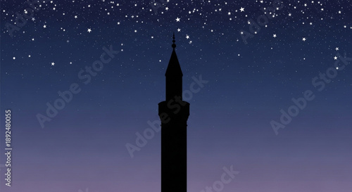 Silhouette of a tall tower against a starry night sky with a gradient of blue and purple hues