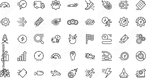 Speed outline icon set. Containing fast, slow, movement, indicator, turbo, speeding, productivity, speedometer, and more. Editable stroke. vector