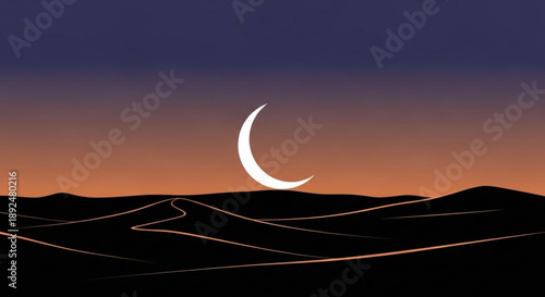 Crescent moon shines bright in a serene desert landscape at dusk with rolling hills and a gradient sky