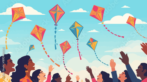 Vector illustration of shiny kites in vibrant colors flying high in the sky on the occasion of Happy Vasant Panchami celebration,