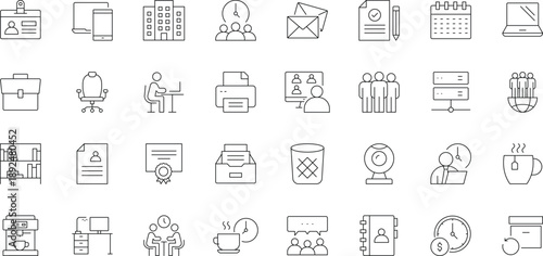 Office workspace line icon set. Containing Workplace, desk, coworking, employee, computer, and more. Editable stroke. Vector