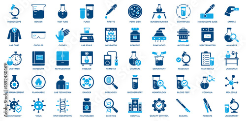 Laboratory icon set. Containing microscope, test tube, flask, pipette, centrifuge, sample, lab coat, goggles, chemical, experiment, research icon. Dual Tone style