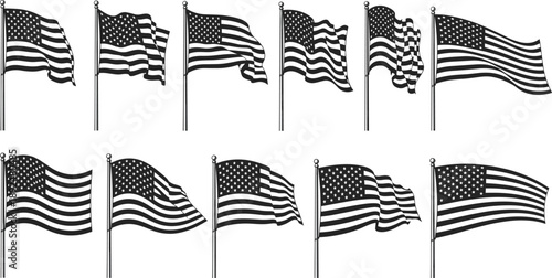 Black and white illustrations of United States flags waving on flagpoles, showcasing patriotic symbolism, motion, diversity, and national identity