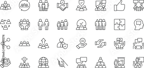 Society cooperation icon set. Contain icons related to showing global society and cooperation concepts. Editable stroke. Vector