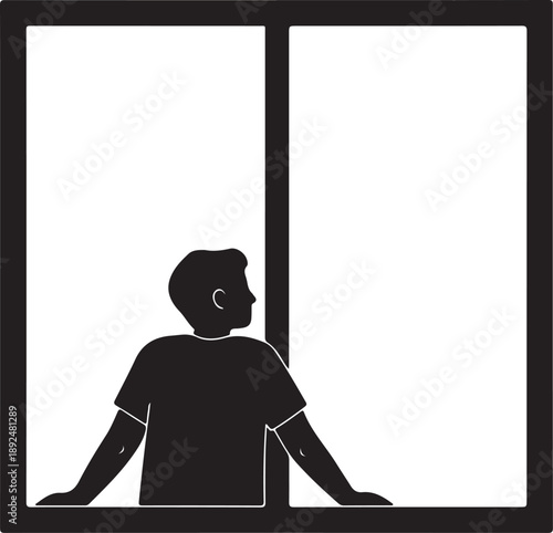 Silhouette of a person looking through window frame, storytelling minimal art.