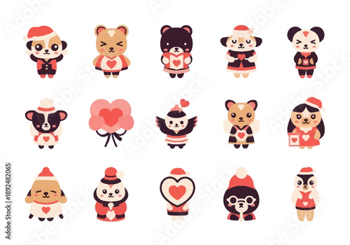 Adorable cartoon animals in red outfits showcasing love and affection in a cute collection of valentines day themed illustrations