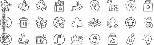 Zero Waste set of web icons in line style. A collection of eco linear icons, including recycling, waste management, composting, trash, pollution, landfill, composting, waste sorting.