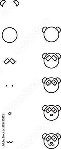 Drawing a panda by assembling parts step by step