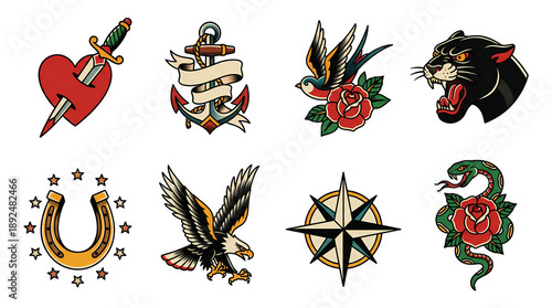 American traditional tattoo flash set including heart, anchor, swallow, panther, horseshoe, eagle, compass, and snake isolated. Vintage nautical and animal body art collection.