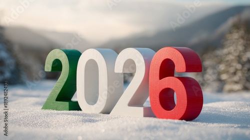 Wallpaper Mural Colorful numbers 2026 in snow, representing the upcoming winter sports competitions in Italy. The scene captures a winter landscape with mountains in the background. Torontodigital.ca