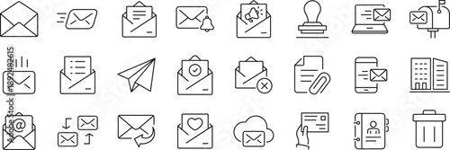 Email Web Icon Set in Line Style. Collection of E-mail and Letter Linear Icons, Including mail, envelope, email, postal, letter sent, inbox, new mail, reply and forward mail and more.