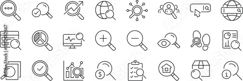Search set of web icons in line style. Magnifying glass linear icon collection. Containing SEO, Digital marketing, data analysis, management, investigate, find and more.