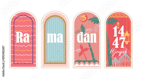Ramadan 1447 . Collection of modern style Ramadan Mubarak greeting background with retro Boho style design. Windows and arches with decorative ornament