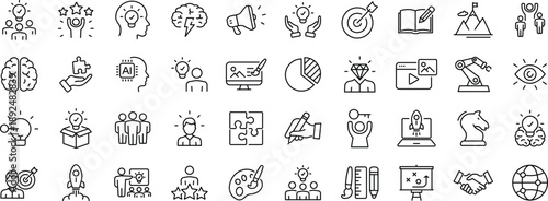 Creativity innovation set of web icons in line style. Creative business solutions icons for web and mobile app.Creative idea, team management, solution, brainstorming, invention.