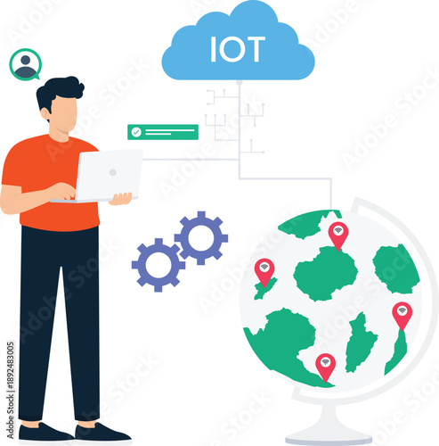 Man working holding laptop Internet things cloud computing global network data management digital technology business solution system integration world map location pins flat design