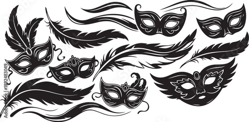 Mysterious Venetian Masks and Feathers in Black and White