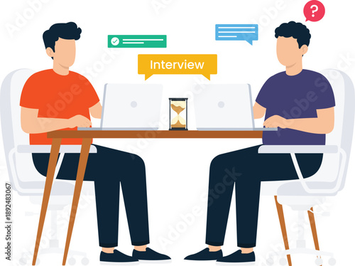 Business interview hiring process recruitment strategy corporate discussion two people office setting job applicant human resources time management flat design modern illustration