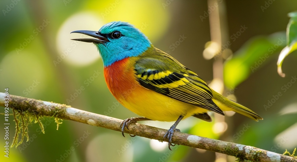 Obraz premium A colorful bird perched on a branch in a forest, singing from a side viewpoint.