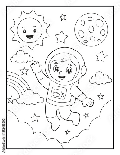 Cute Boy Astronaut Waving on Moon Surface in Outer Space Activity Sheet for Children.  Kids Coloring Book Page with Simple Bold Outlines.