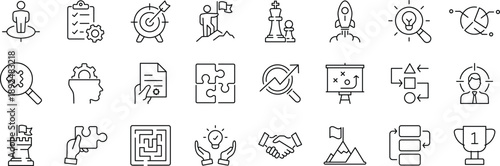 Business strategy set of web icons in line style. A collection of linear icon representing key business concepts, including market analysis, strategy, leadership, innovation, planning.