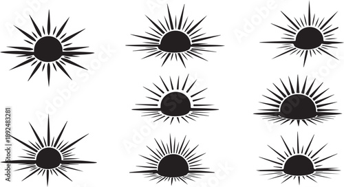 Collection of black sun icons on white background
