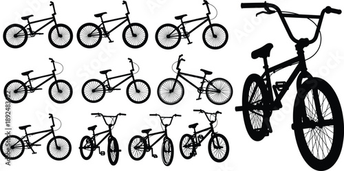 Black and white silhouettes of BMX bicycles in multiple angles and styles, showcasing design, sport, culture, lifestyle, and symbolic illustration