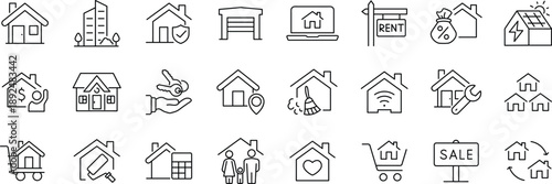 House Web Icon Set in Line Style. Collection of Real estate Linear Icons, Including home, building, buying, renting, property, address, loan, house, key, buy, sell, mortgage and more.