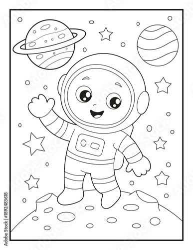 Cute Boy Astronaut Waving on Moon Surface in Outer Space Activity Sheet for Children.  Kids Coloring Book Page with Simple Bold Outlines.