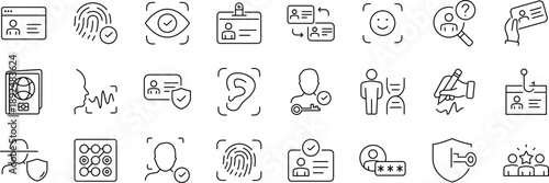 DNA. Identity set of web icons in line style. Authentication linear icons collection. Containing identification, passport, biometric, ID card, fingerprint,
