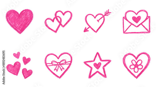 Pink crayon heart set including doodles, stars, flowers, envelopes, and arrows isolated. Hand drawn romantic valentine illustration collection.