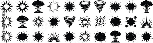 Stylized Disaster Icons: A set of graphically stylized icons depicting various natural disasters and catastrophic events, symbolizing powerful forces and potential threats.