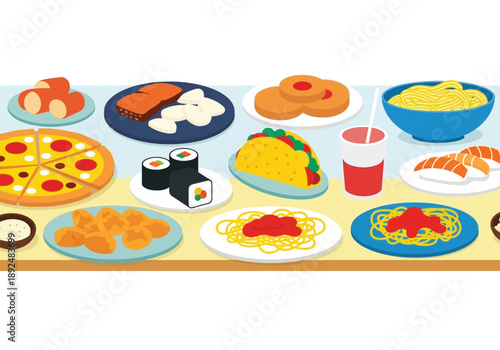Variety of food on plates table.
